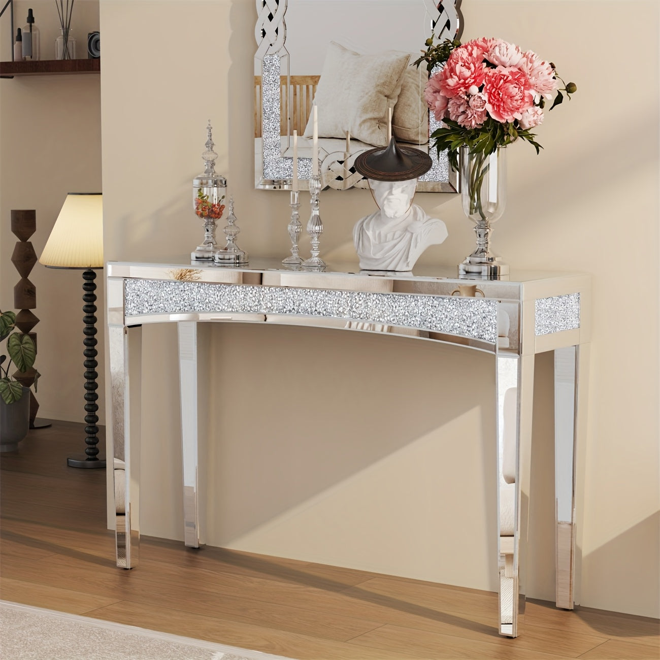 Spiegelconsole – Sidetable – Haltafel – Dressoir – Bijzettafel – 120x80 cm – Zilverplated Glas – Crushed Diamant Accent