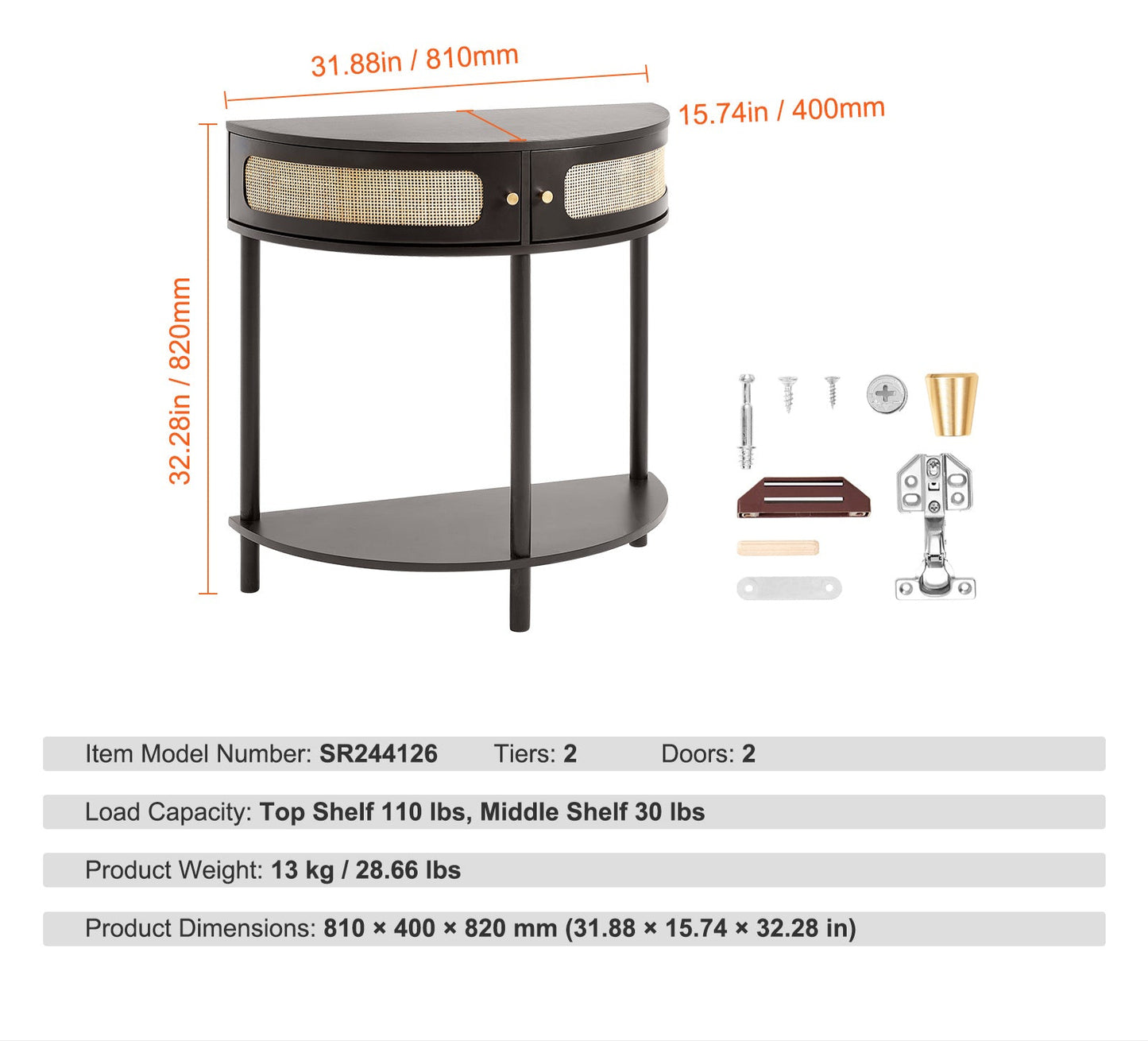 Sidetable – Wandtafel – Haltafel – Consoletafel – Bijzettafel – Zwart Rattan – Halve Maan Vorm – 2 Laden & Open Plank – Duurzaam MDF Onderstel