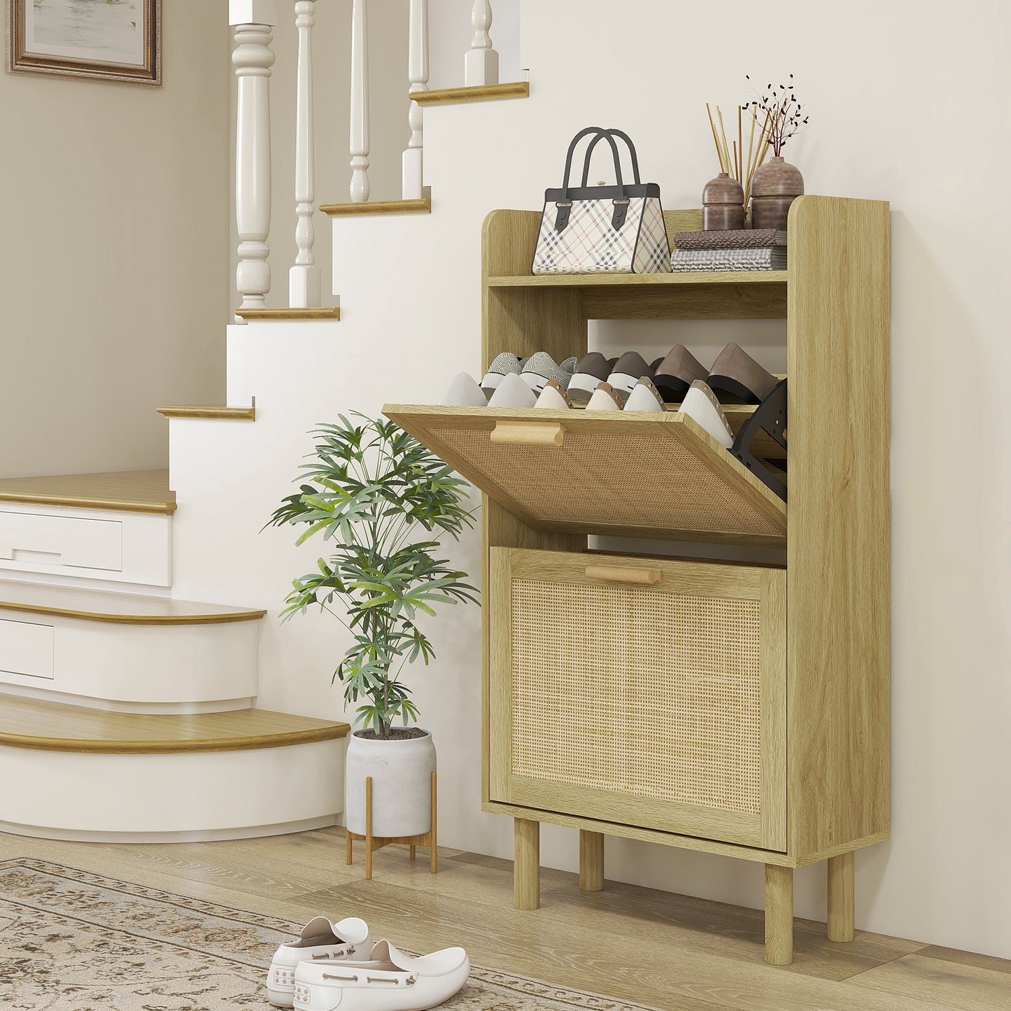 HOMCOM Shoe Rack 2-Door Cabinet 12 Pairs, Woven Rattan Effect Bohemian Design - Dimensions: 80L X 24.5W X 110H Cm Natural