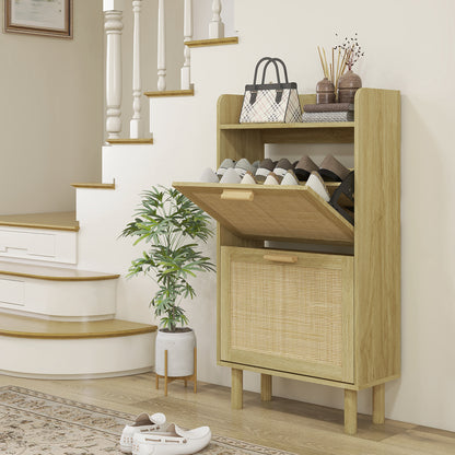 HOMCOM Shoe Rack 2-Door Cabinet 12 Pairs, Woven Rattan Effect Bohemian Design - Dimensions: 80L X 24.5W X 110H Cm Natural