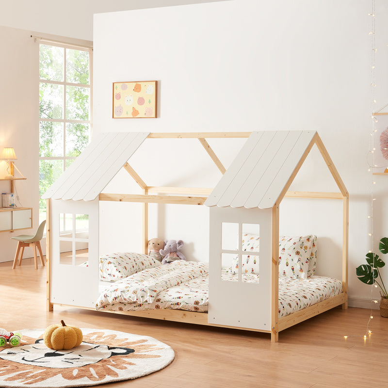 Kinderbed – Huisjesbed – Kinderbedden – Eenpersoonsbed – Speelbed – Massief Hout – Semi-Open Ontwerp – 140x200 cm – Wit