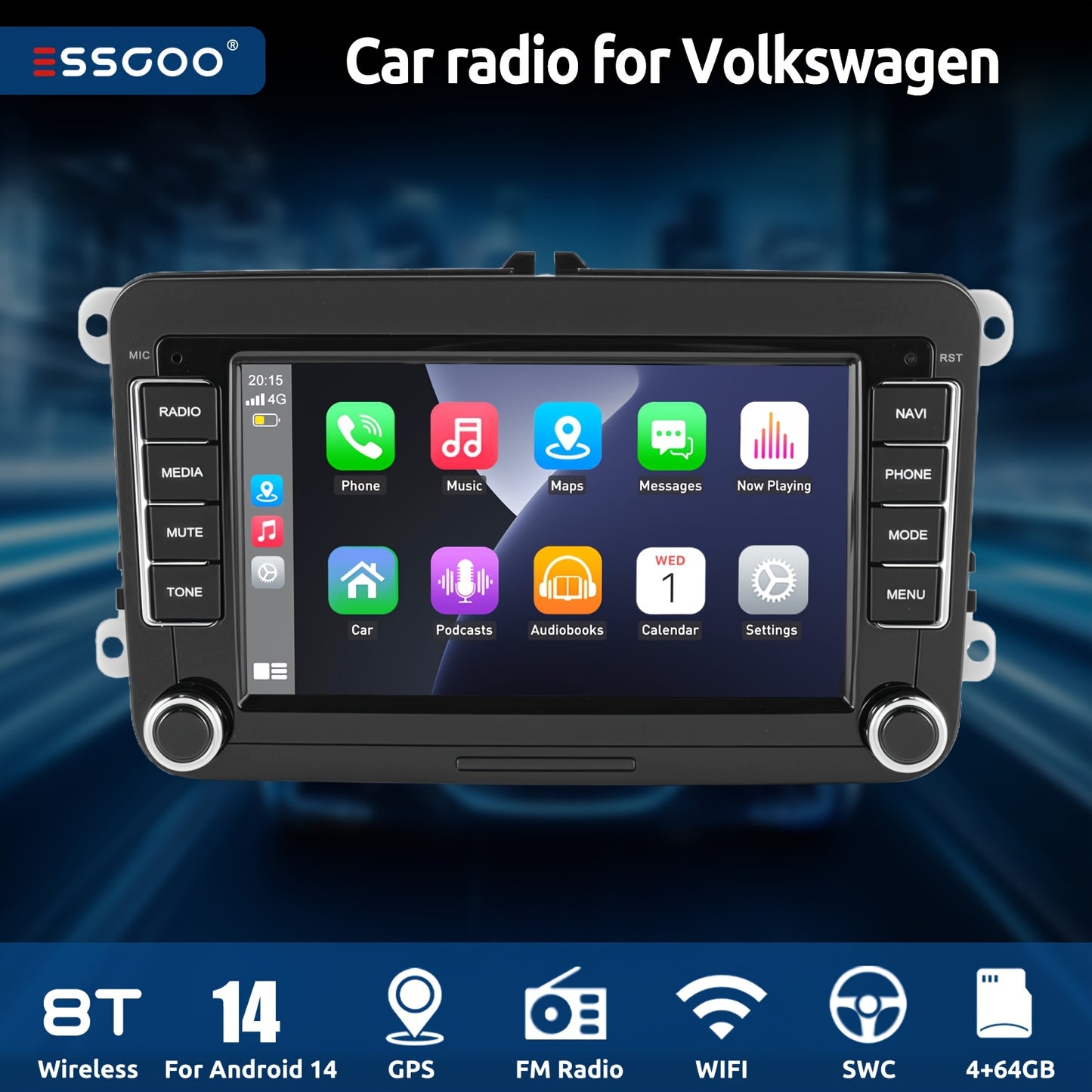 ESSGOO 4+64G Android 14 Car Stereo Compatible with VW Models Such As Caddy, Golf MK5, Golf 6, Polo, Passat, And Seat, Featuring RCD330 with Carplay And Android Auto, a 7-Inch 17.78Cm HD-IPS Touchscreen, WIFI, GPS Navigation,