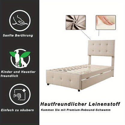Uittrekbed – Bedbank – Sofa Bed – Dagbed – Logeerbed – Inklapbaar – 140x200 cm – Met Opberglades – Beige Linnen Bekleding