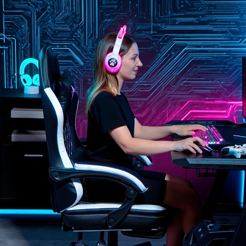 Gamingstoel – Computerstoel – Bureaustoel – Gamestoel – Draaistoel – Verstelbare Hoogte – Inclusief Voetensteun en Ergonomisch Kussen – Zwart-Witte Katoenen Bekleding