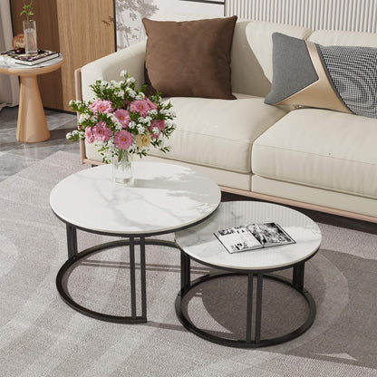 Salontafel – Bijzettafel – Woonkamertafel – Koffietafel – Nestbare Tafels – Set Van 2 – Wit Marmerlook – Zwart Metalen Frame – Groot 70x40 cm – Klein 57x35 cm