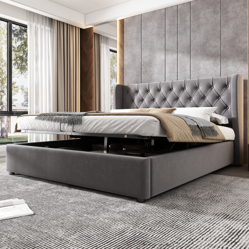 Packaged bed in the shape of a velvet double bed 140190 Hydraulic functional bed with slatted base and gray storage space