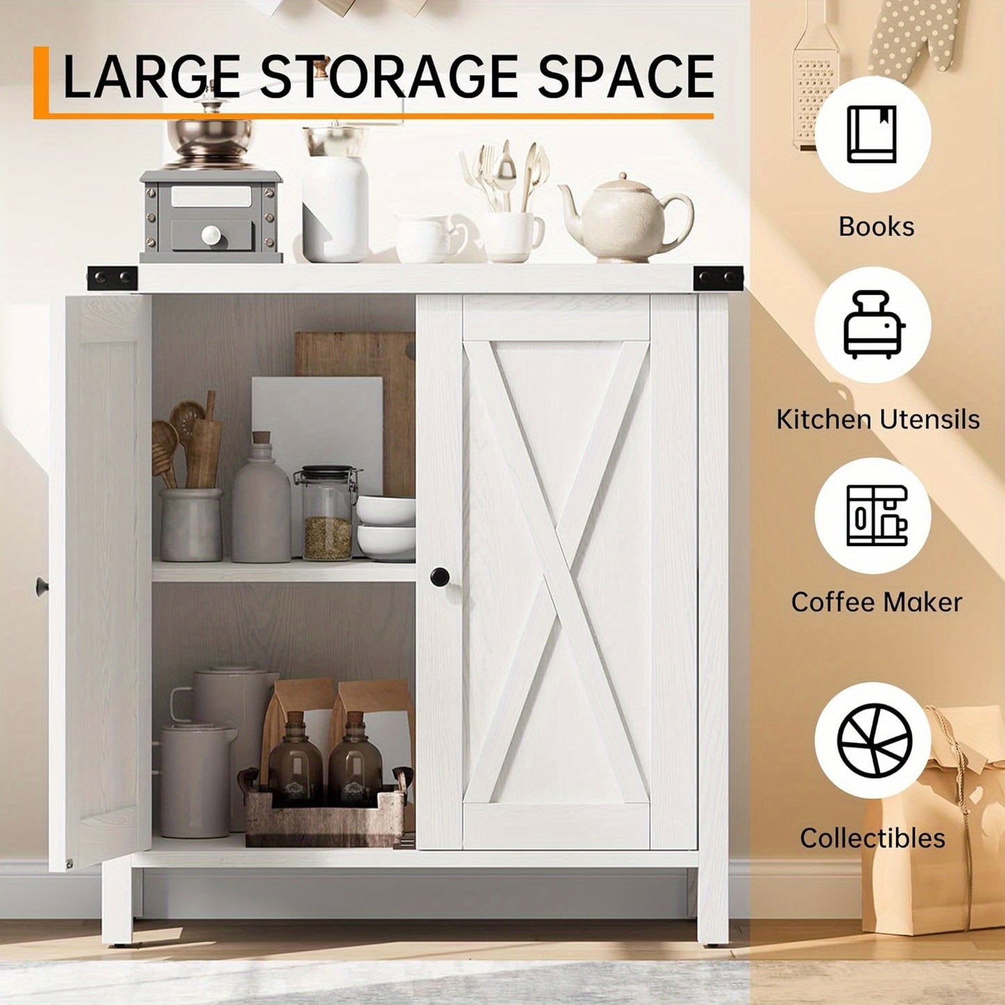 Buffetkast – Dressoir – Kast – Sideboard – Kast met Opbergruimte – Wit Vintage Design – Stevige MDF Constructie – Verstelbare Plank