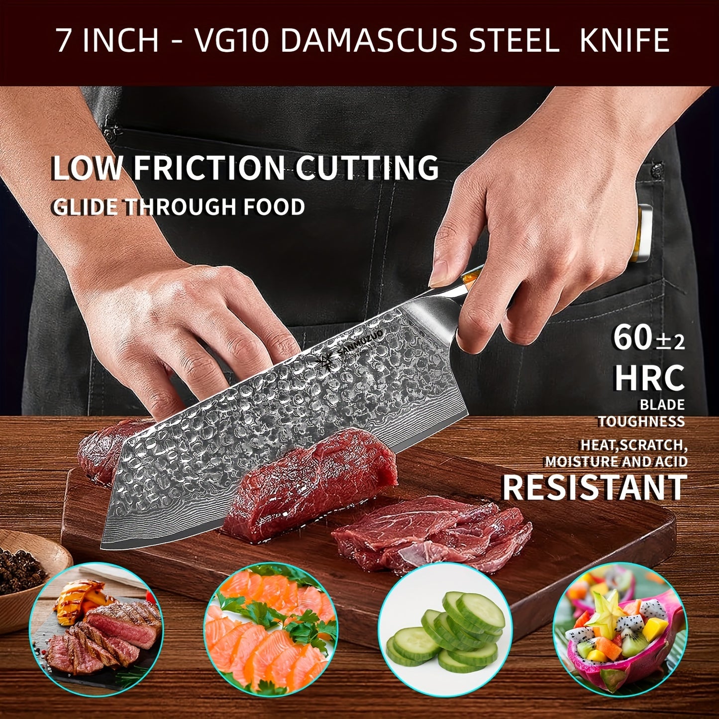 A Knife for Cutting Vegetables in The Kitchen, Made of Hammered Damascus Steel with a Resin Handle, from The YAO Series, Measuring 19.05 cm.