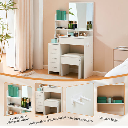 Kaptafel – Make-up Tafel – Dressing Table – Schminktisch – Vanity Table – Wit – 4 Laden Opbergruimte – Ingebouwde Föhnhouder