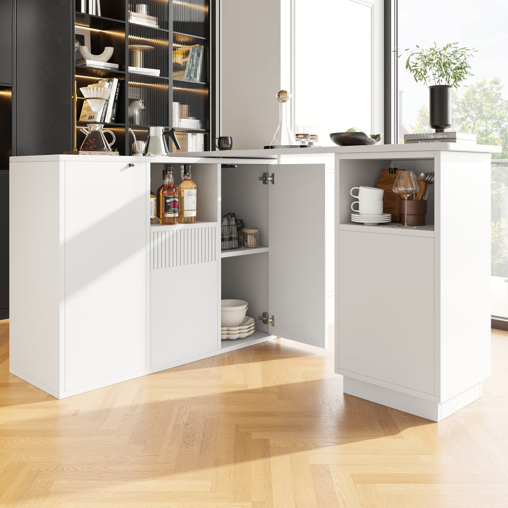 360° Rotating Marble Top Bar Island Table with Storage Shelves - Modern White Multifunctional Workstation, Easy Assembly Space-Saving design for small homes/Offices/Kitchens (210x30x100.9cm, Metal Frame)