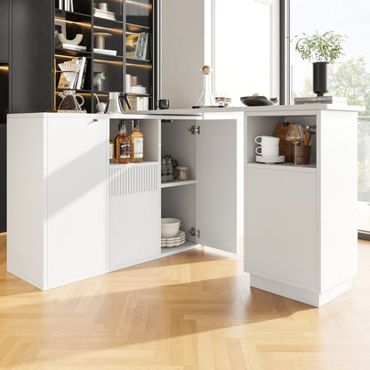 360° Rotating Marble Top Bar Island Table with Storage Shelves - Modern White Multifunctional Workstation, Easy Assembly Space-Saving design for small homes/Offices/Kitchens (210x30x100.9cm, Metal Frame)