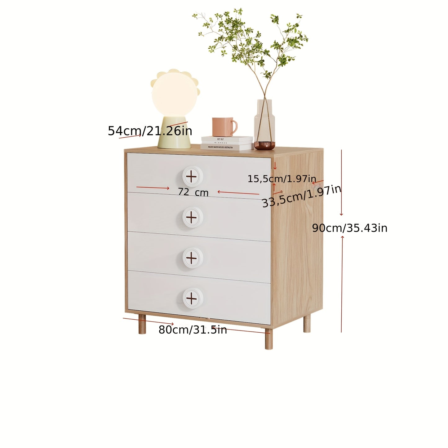Nachtkastje – Ladekast – Slaapkamerkast – Opbergkast – Bijzettafel – Wit – 4 Lades – Bamboe – 80x54x90 cm – Compact – Duurzaam