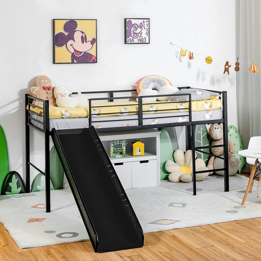 Laag Hoogslaper – Kinderbed – Speelbed – Stapelbed – Glijbaanbed – Veilig Stalen Frame – 74 cm Hoog Met Glijbaan – Zwart