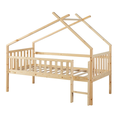 Bedframe – Kinderbed – Hoogslaper – Peuterbed – Jeugdbed – Massief Dennenhout – Valbeveiliging – 90x200 cm