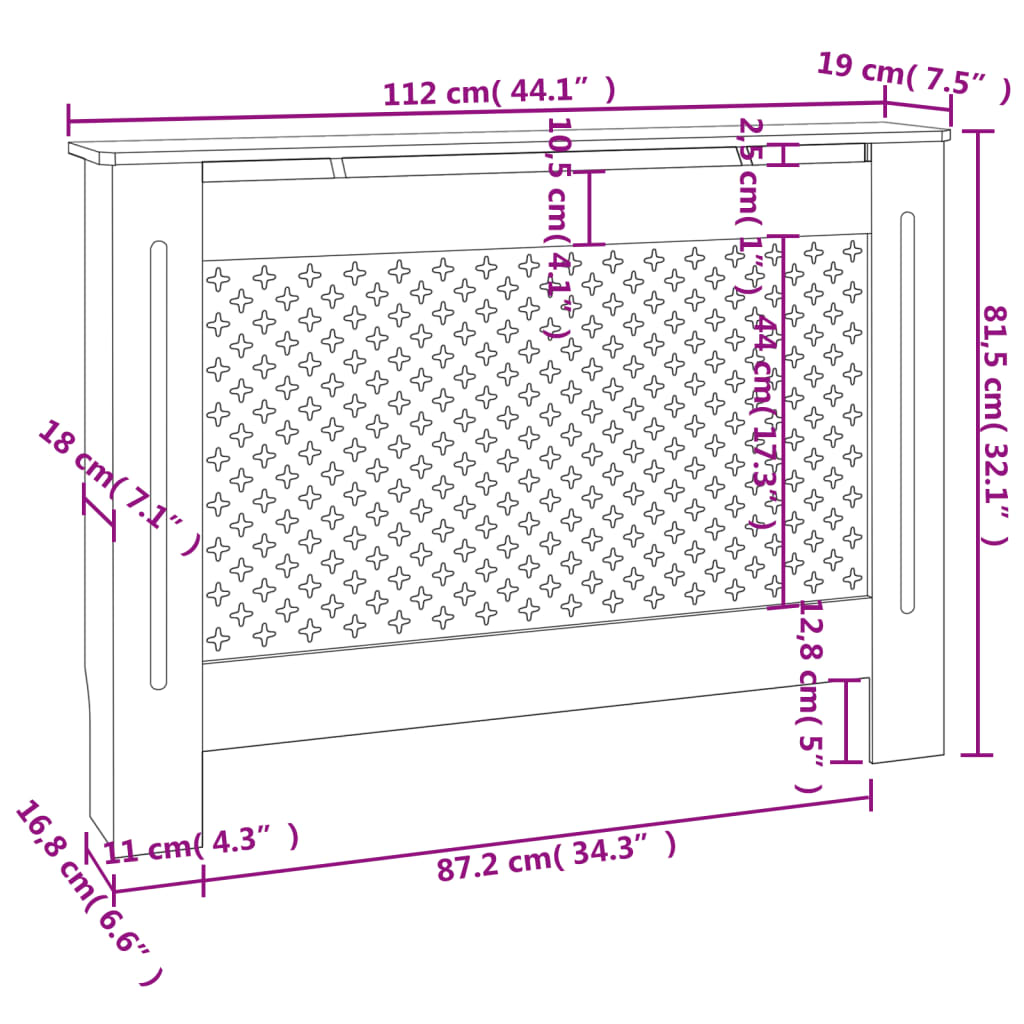 Radiatorombouw – Radiatorbekleding – Radiatorkast – Radiatorscherm – Radiatorafdekking – MDF Materiaal – 112 x 19 x 81,5 cm