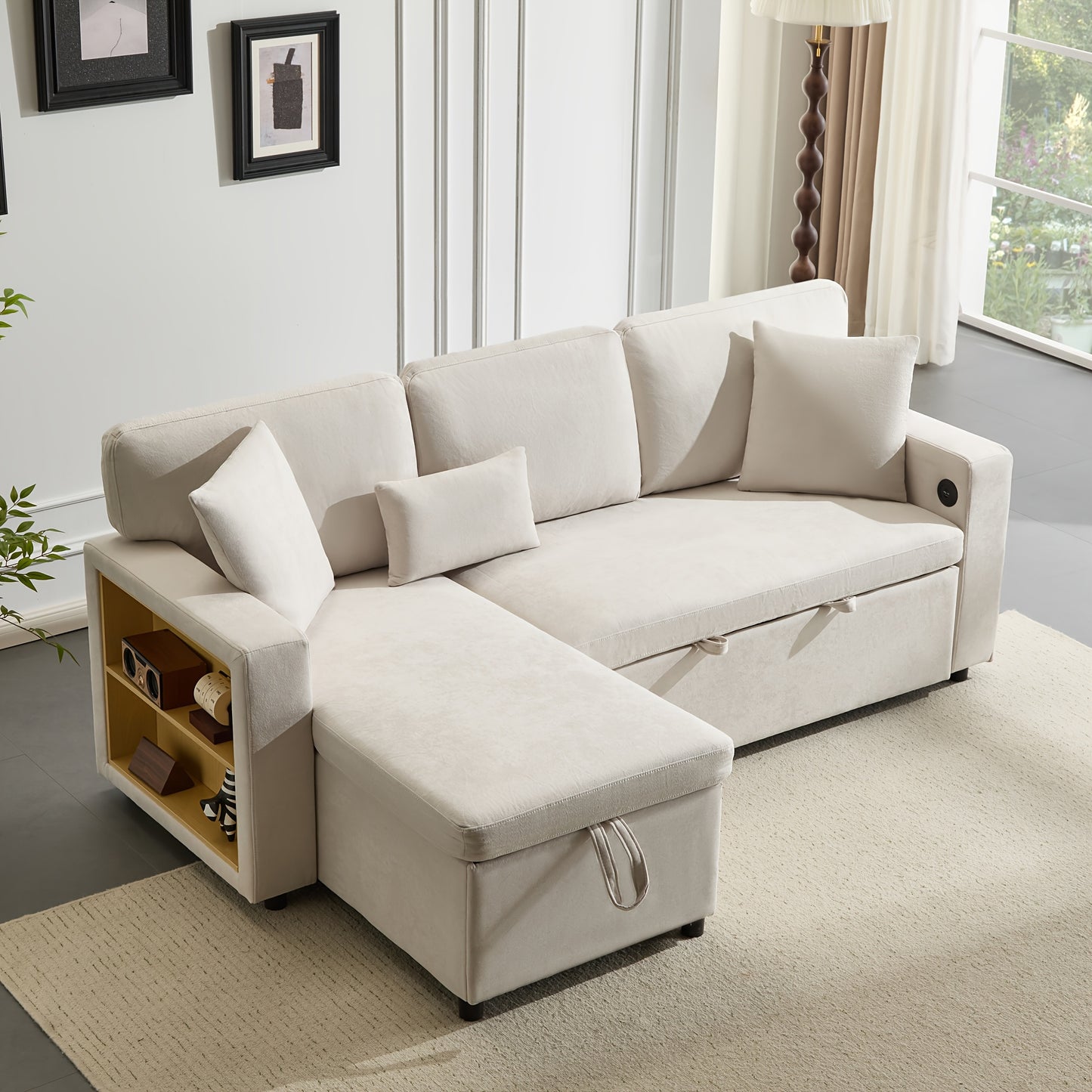 Hoekbankbed – Slaapbank – L-vormige Bank – Bedbank – Slaapbankbed – Lichtbeige Linnen – Opbergruimte – Compact & Comfortabel
