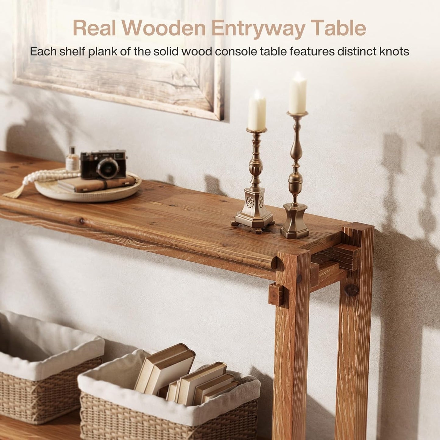 Console table, 160cm long, 2-tier entryway table, coffee table with storage, farmhouse wood back coffee table for living room, hallway (brown)