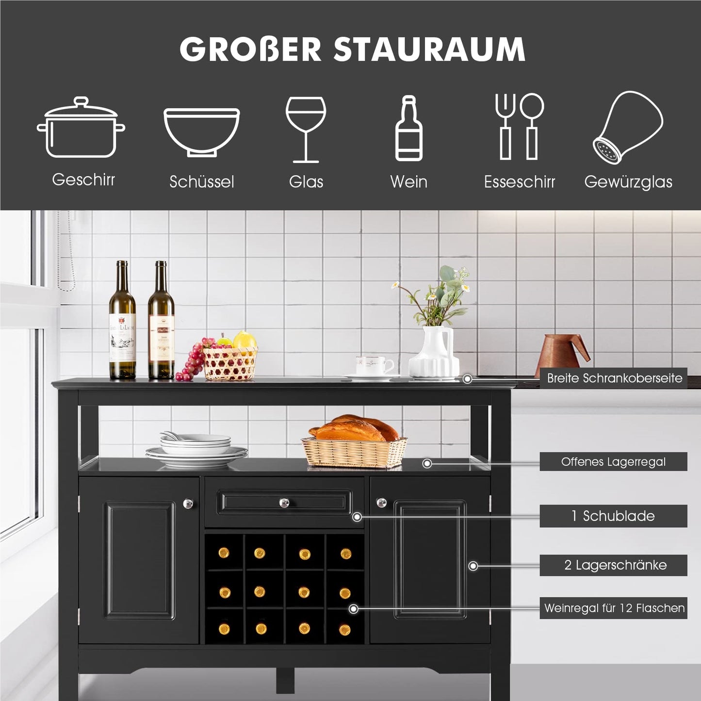 Dressoir – Buffetkast – Opbergkast – Ladekast – Kast – Zwart MDF – Inklapbaar Wijnrek – 116x40x82 cm