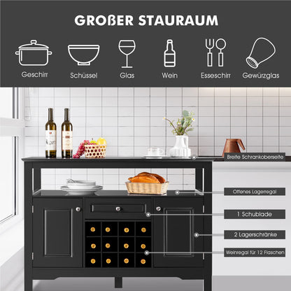 Dressoir – Buffetkast – Opbergkast – Ladekast – Kast – Zwart MDF – Inklapbaar Wijnrek – 116x40x82 cm