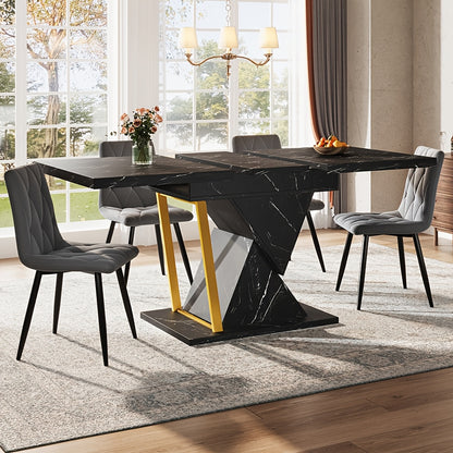 Uitschuifbare Eettafel – Lounge Tafel – Keukentafel – Eetkamertafel – Terrastafel – Marmerlook – Zwarte Centrale Voet – Geschikt Voor 6 Personen Tot 140 cm