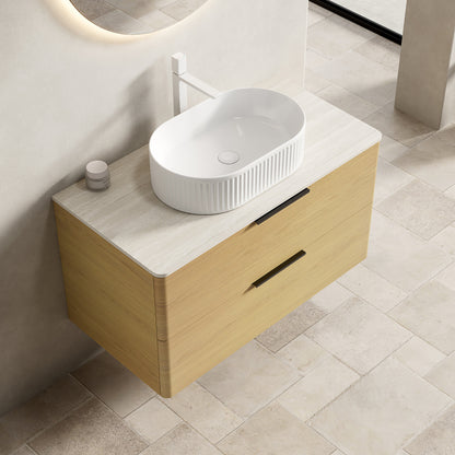Badmeubel – Badkamermeubel – Wastafelmeubel – Onderbouwkast – Wastafel – 90 cm – Travertijn Sintered Stone Blad – Zwevend Multiplex Met Eiken Houtnerf