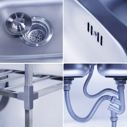 Double Sink Stainless Steel Kitchen Sink with Hot And Cold Water Faucet Independent Sink 2 Basins Camping And Garden Sink with Drainage Kit Multifunctional Mobile Sink
