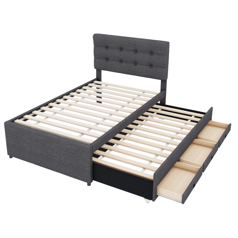 Bedframe – Eenpersoonsbed – Kinderbed – Gestoffeerd Bed – Bed met Opbergruimte – 90x200 cm – Verstelbaar Hoofdeinde – Grijs Linnen