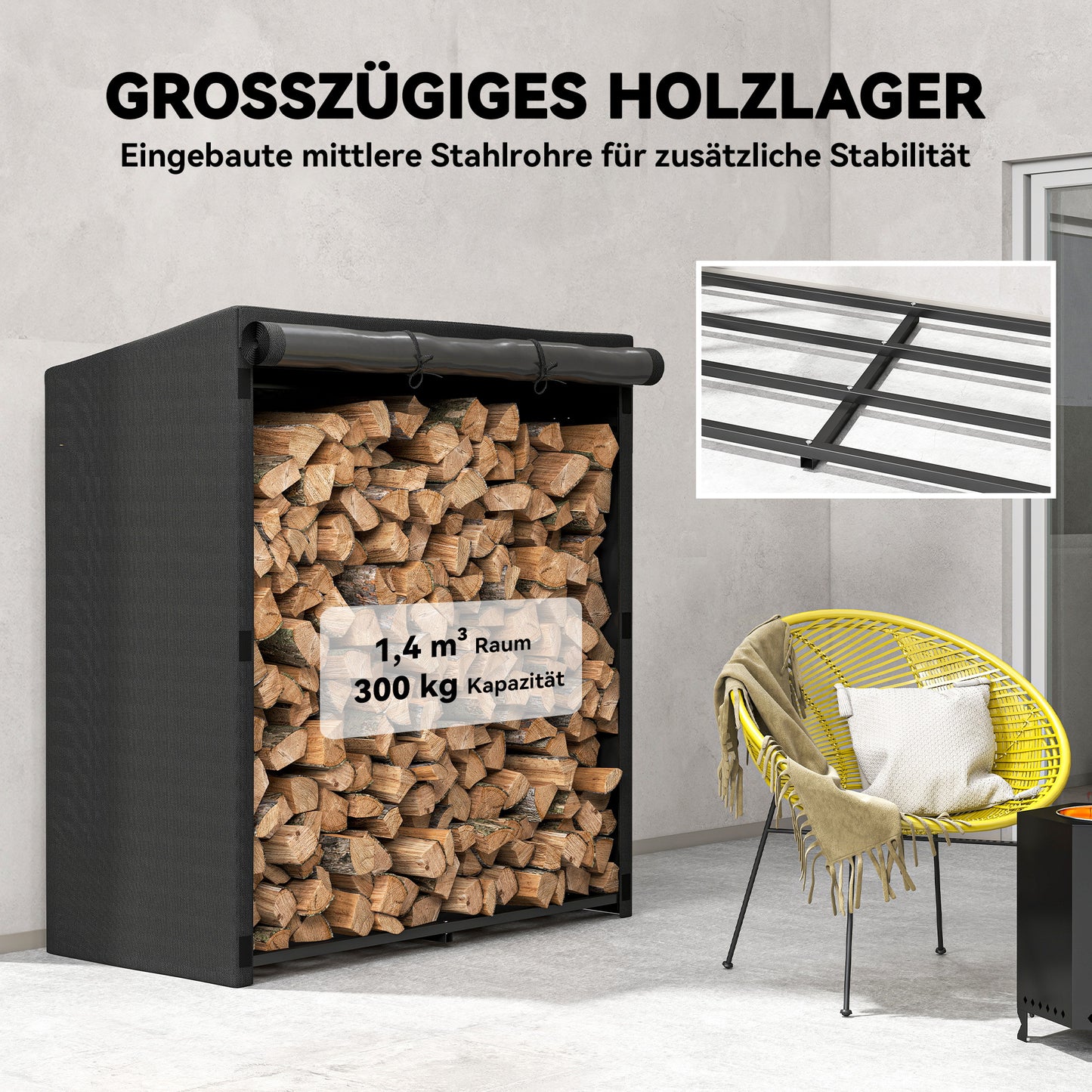 Houtopslag – Brandhoutrek – Haardhoutrek – Houtberging – Houtstapelrek – Stalen Frame – Waterdichte Oxford Stof – 300 kg Capaciteit – 140x70x154 cm – Zwart