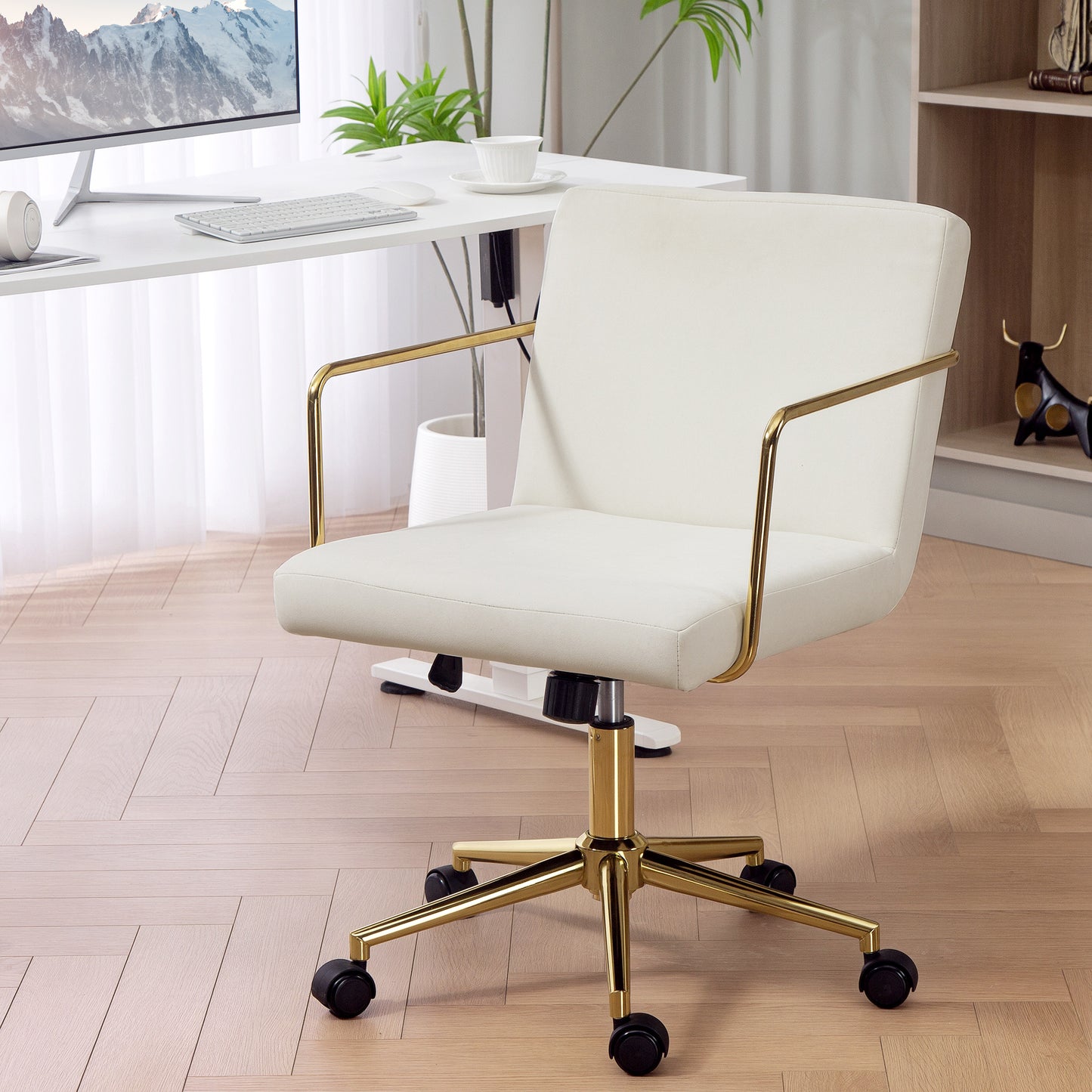 Bureaustoel – Kantoorstoel – Gamestoel – Draaistoel – Werkstoel – Velvet-Look Stof – Metaal Onderstel – Crèmekleur Met Gouden Accenten