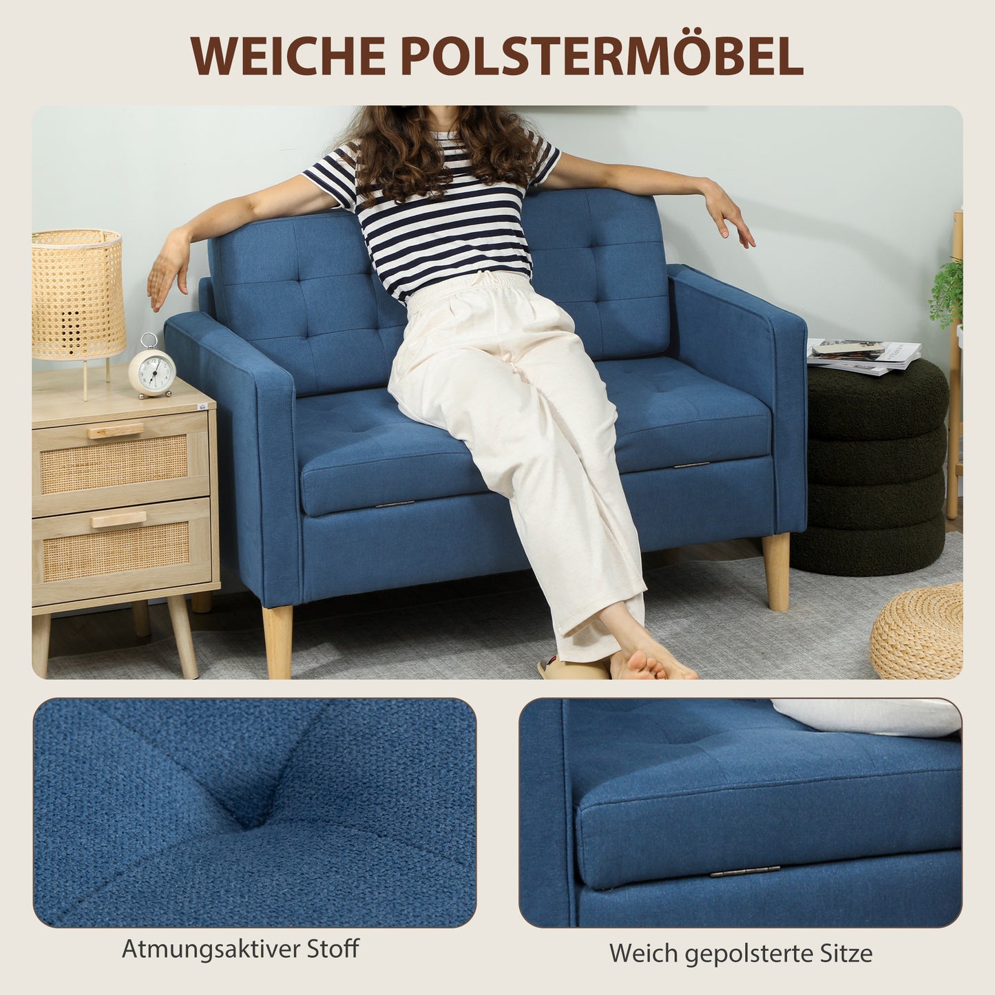 2-Zits Bank – Tweezitsbank – Loveseat – Zithoekbank – Bankje – Compact Blauw – Opbergruimte Onder Zitting – Stevig Rubberwood Frame