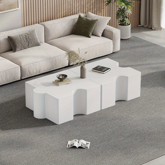 Salontafel Set – Bijzettafel – Sofa Tafel – Koffietafel – Woonkamer Tafel – Wit – Metalen Frame – 2-Laags Opbergruimte – Modulair Puzzelontwerp