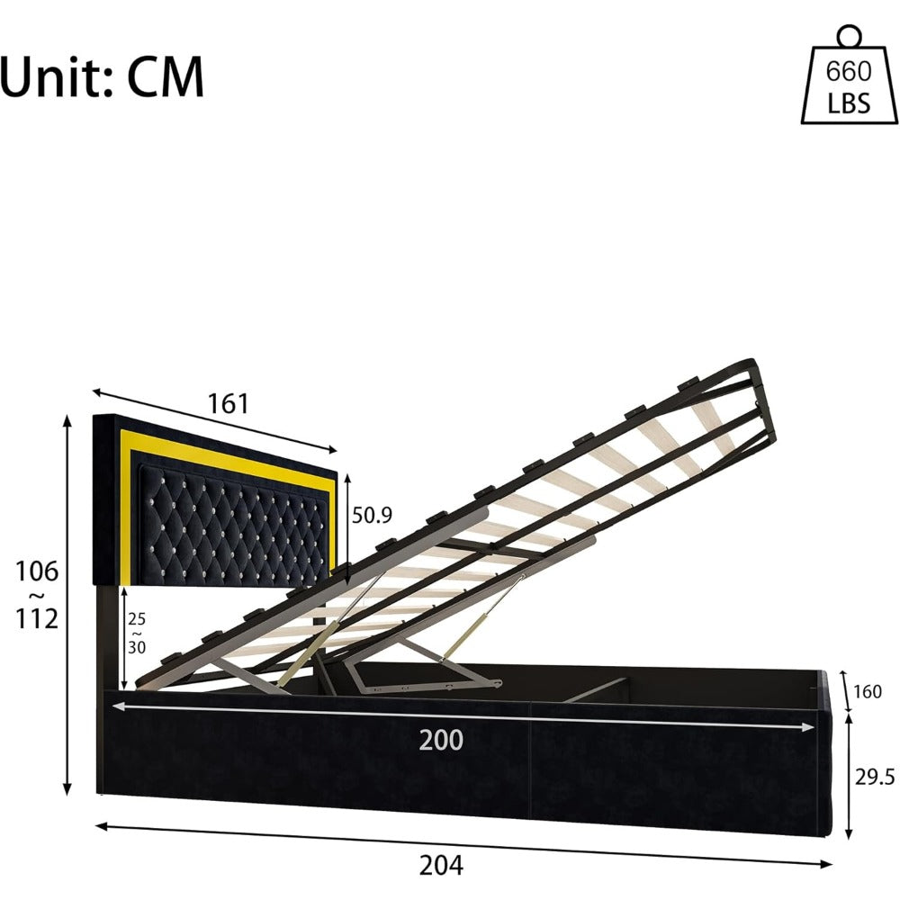 Opbergbed – Gestoffeerd Bed – Tweepersoonsbed – Opbergruimte Bed – Slaapbank – Hydraulisch – LED-Verlichting – Verstelbaar Hoofdeinde – 180x200 cm