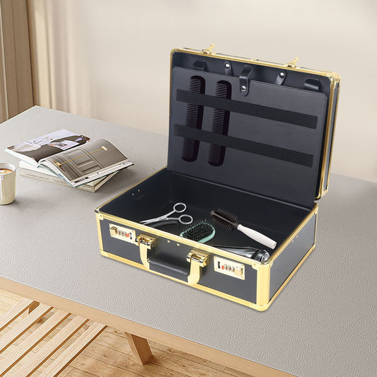Professional Hairdressing Case | Golden Rectangular Design with Combination Lock, 20kg Weight Capacity, Ideal for Cosmetic Tools, Haircutting Equipment, Travel Makeup Storage - TOOL1SHOOO