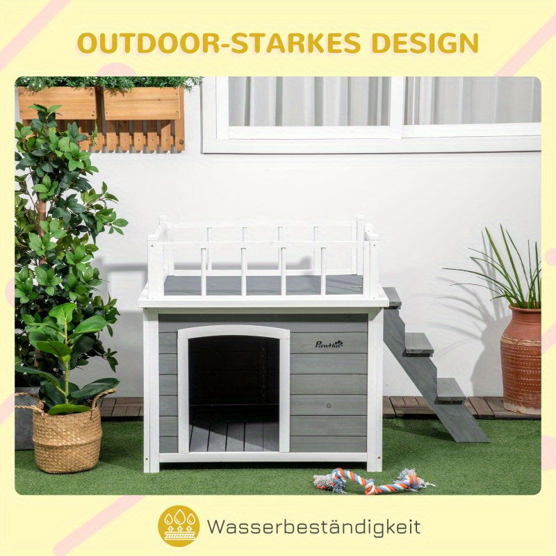 Hondenhok – Hondenhuis – Hondenmand – Hondenverblijf – Huisdierhut – Met Balkon en Trap – Waterbestendig Vurenhout – Ruime Ventilatie – Lichtgrijs