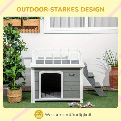 Hondenhok – Hondenhuis – Hondenmand – Hondenverblijf – Huisdierhut – Met Balkon en Trap – Waterbestendig Vurenhout – Ruime Ventilatie – Lichtgrijs