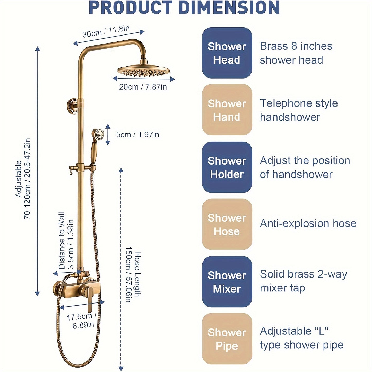 Antieke Badkamer Douche Set – Retro Douchekraan – Regenkraan – Douche Systeem – Wandmontage – 8 Inch Regen Douchekop – Verstelbare Hoogte 70-120 cm