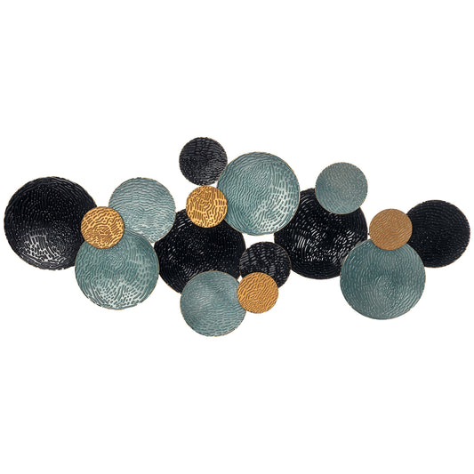 Wanddecoratie – Muurdecoratie – Wandkunst – Wandschilderij – Wandpaneel – 3D Cirkelmotief – Metaal – 121x53 cm – Blauw Zwart Goud