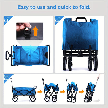 Bolderkar – Bolderwagen – Opvouwbare Handkar – Strandkar – Tuinkar – 360° Draaibare Voorwielen – Verstelbare Handgreep – Blauw – Met Bekerhouder En Zijvak