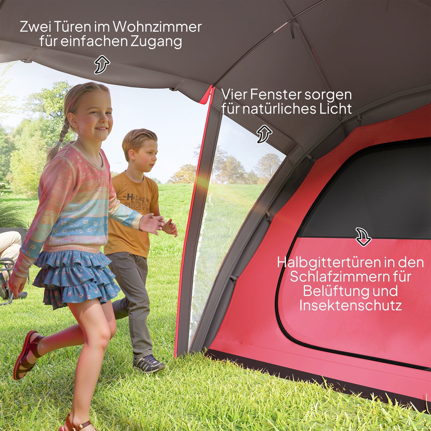 Tunneltent – Campingtent – Familietent – Kampeertent – Outdoor Tent – Voor 4-6 Personen – Drie Aparte Kamers – Dubbelen Deuren – Lichtgrijs