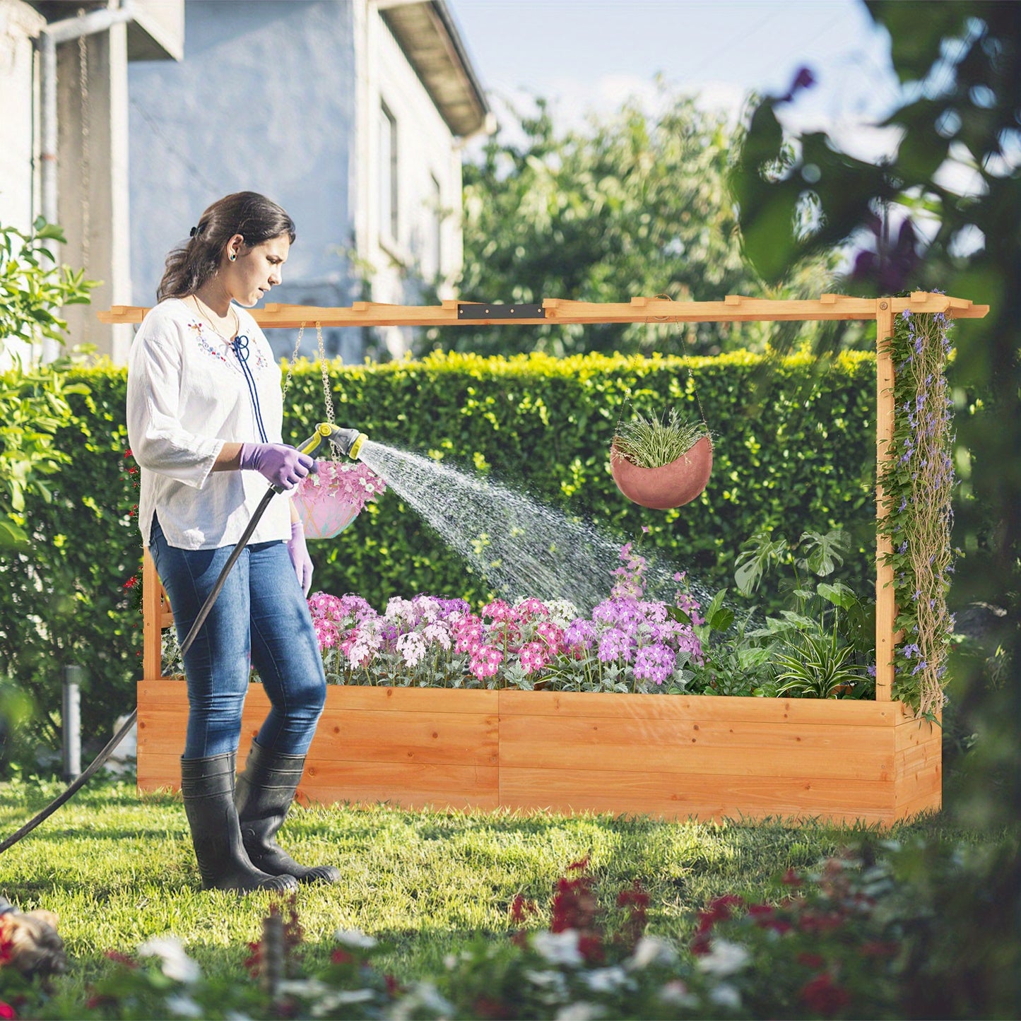 Houten Hoogte Plantbak – Verticaal Tuinbed – Klimplant Rek – Buitenplantenbak – Plantenhouder – Natuurlijk Hout – Met Overkapping En Drainage