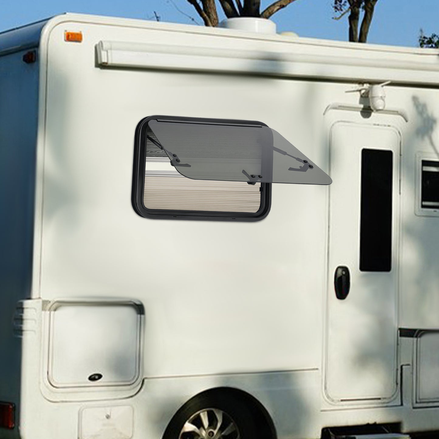 Schuifraam Caravan – Raam Camper – Ventilatieraam – Inzethor – Zonneluifel – Aluminium Frame – 85° Openstand – Geïntegreerd Hor en Zonwering Zwart