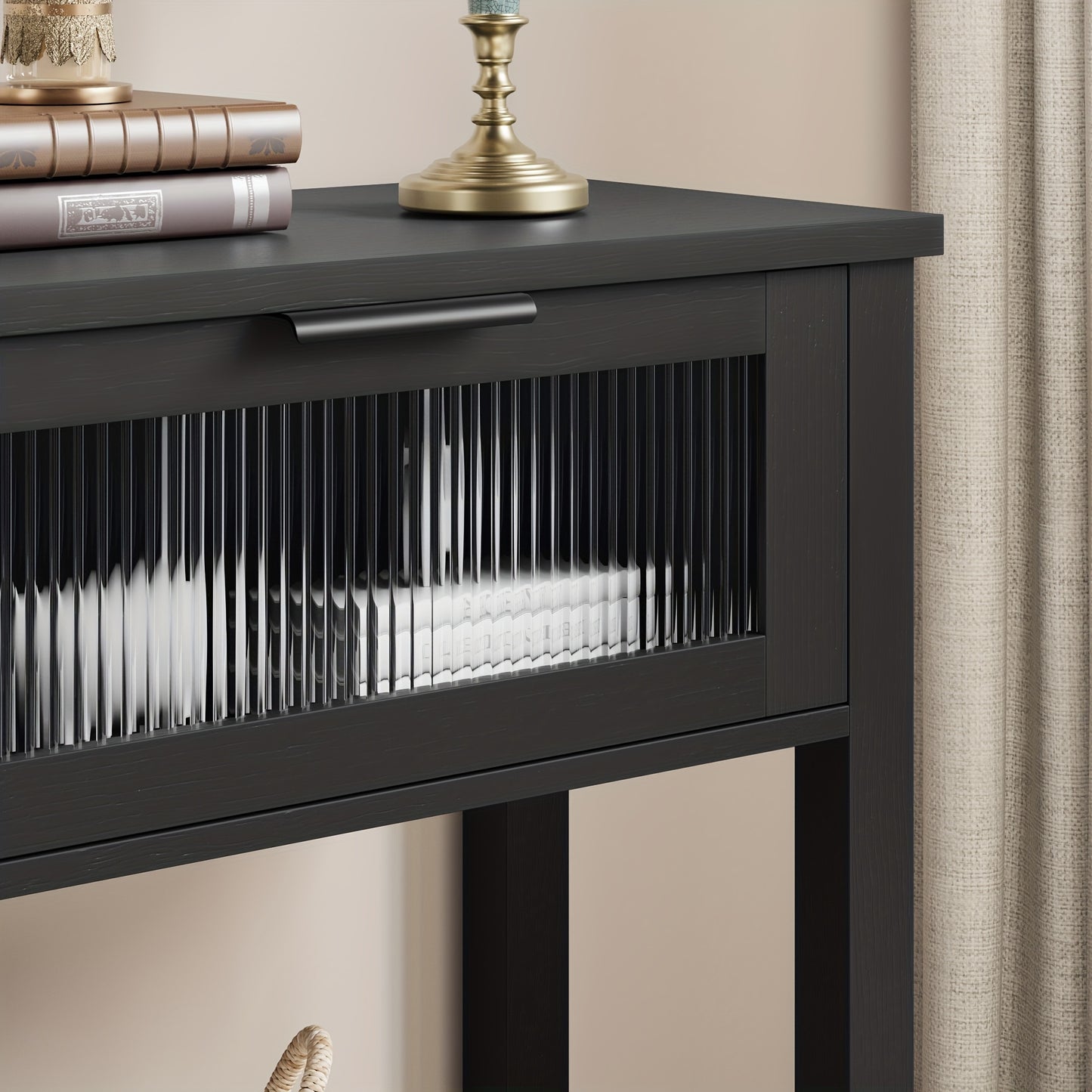 Haltafel – Sidetable – Console – Wandtafel – Opbergtafel – Zwart – Massief Hout & MDF – Ruime Opbergruimte Met Glazen Laden