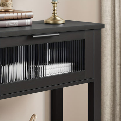 Haltafel – Sidetable – Console – Wandtafel – Opbergtafel – Zwart – Massief Hout & MDF – Ruime Opbergruimte Met Glazen Laden