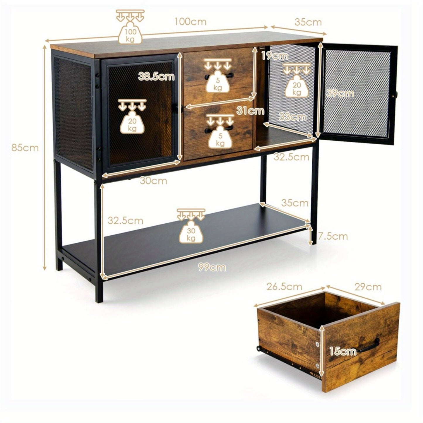 Industriële Buffetkast – Dressoir – Opbergkast – Sideboard – Console – MDF & Staal – Rustiek Bruin & Zwart – Robuust & Veelzijdig – 100 cm Breed