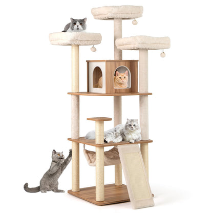 Krabpaal Kat – Krabmeubel – Klimpaal – Speelboom – Activiteitentoren – 168 cm Hoog – Inclusief Hangmat & Speelballen – Beige/Naturel