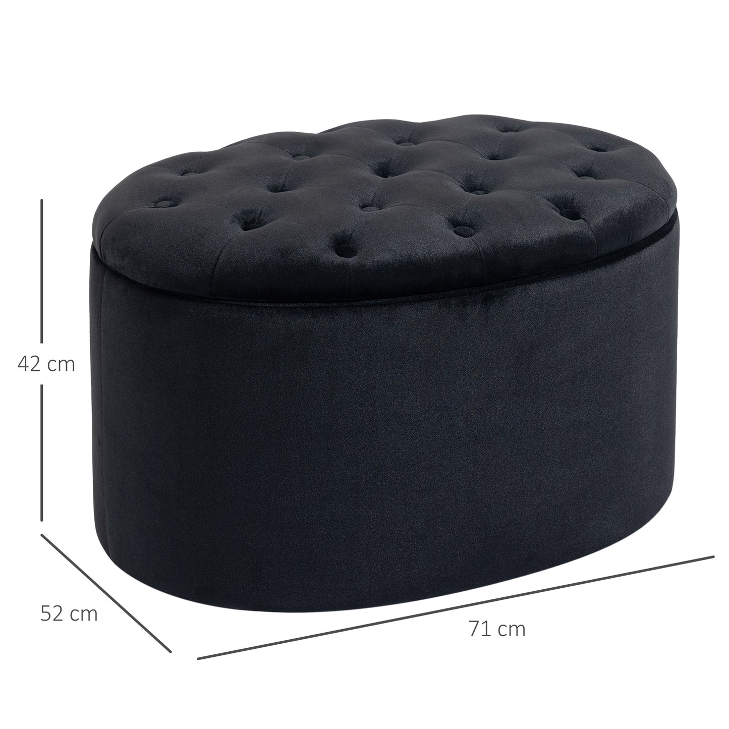 Opbergpoef – Opbergbank – Opbergbox – Zitkist – Voetenbank – Zwart Velvet-achtig Polyester – Ovaal 71x52x42 cm – Comfortabel Met Opbergruimte
