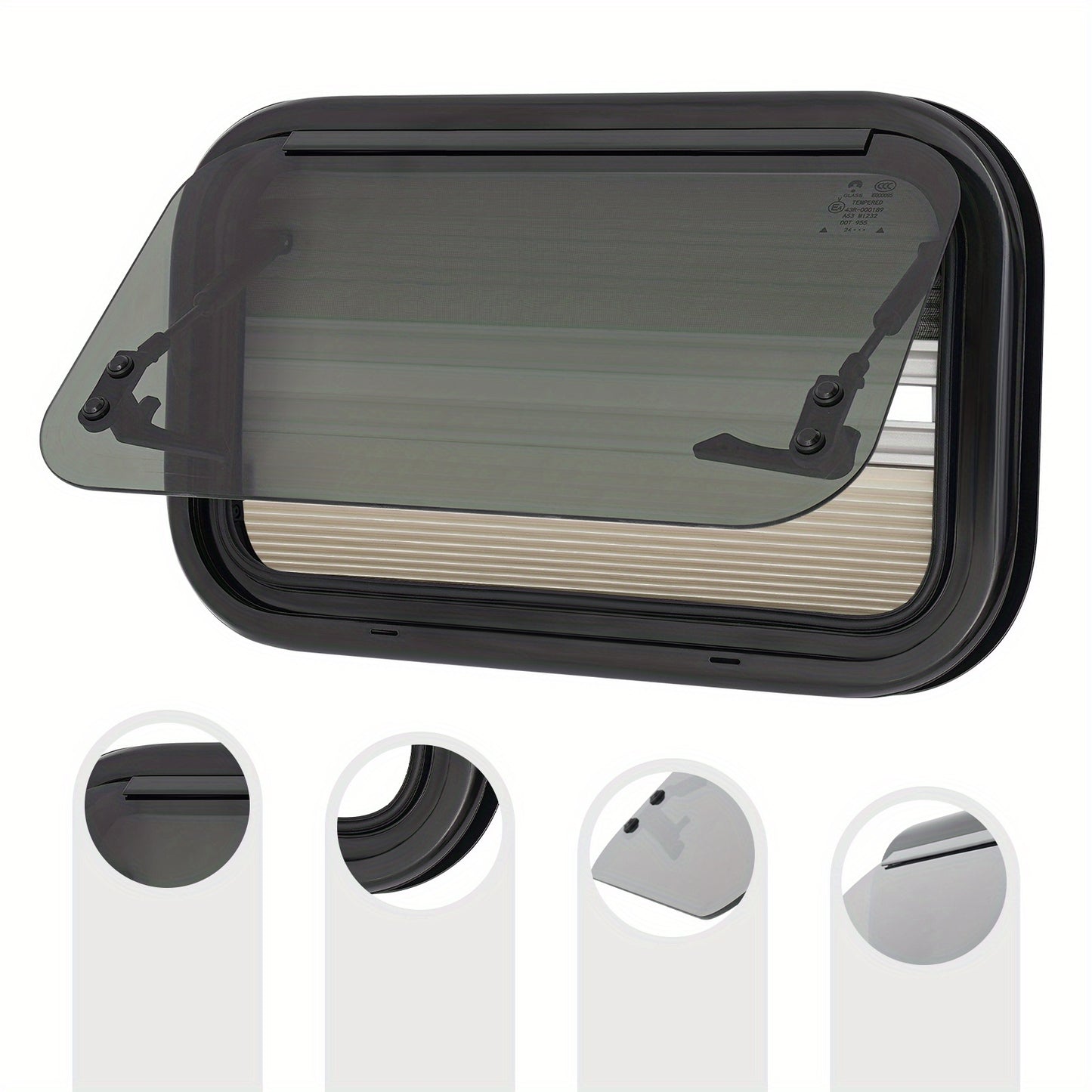 Uitzetraam Camper – Caravan Raam – Ventilatieraam – Insectenhorraam – Zonwerend Raam – 500x300mm – Aluminium – Tempered Glas – Plissé Hor – Zwart/Wit