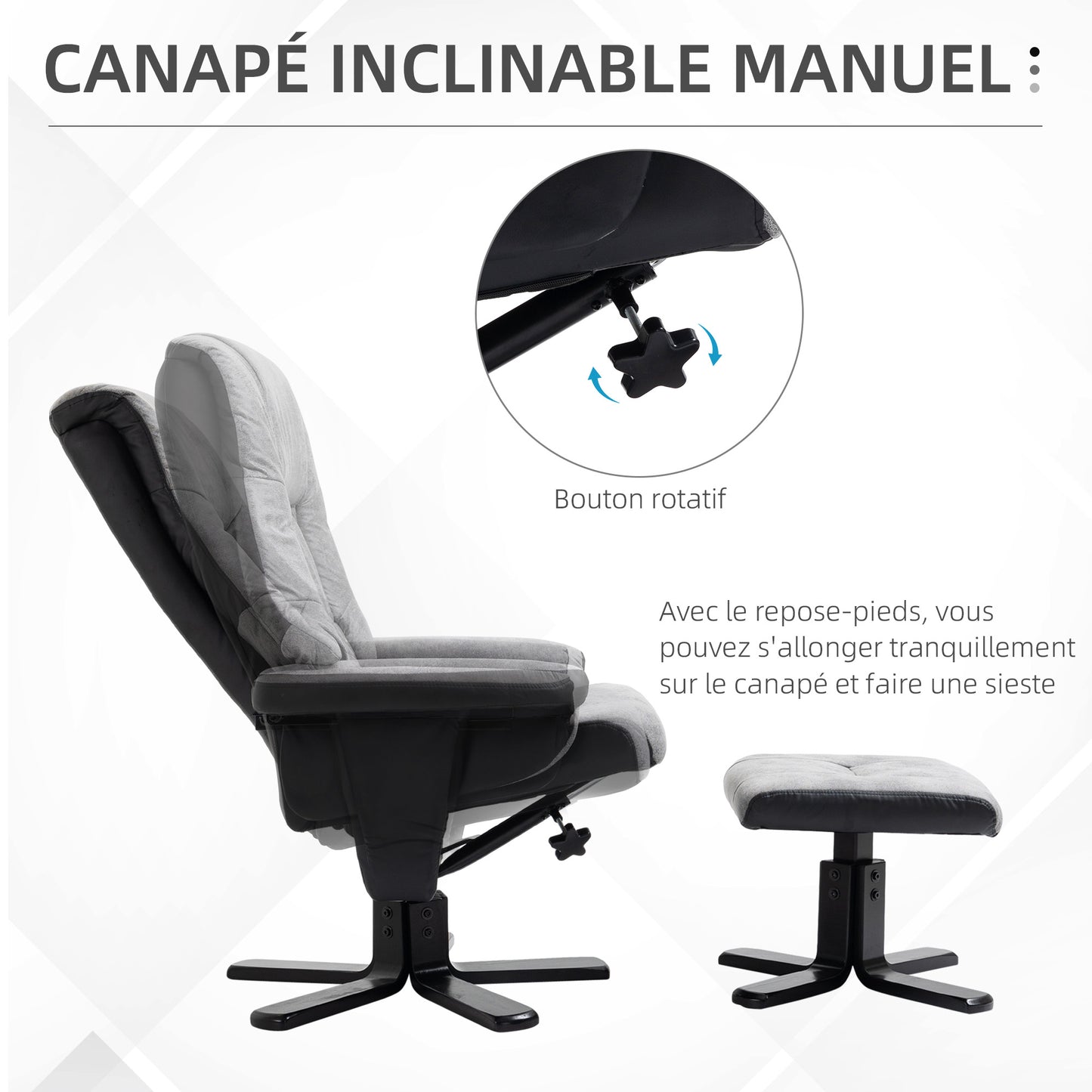 HOMCOM Reclining Lounge Chair with Footrest, 360° Swivel, Microfiber Upholstery, Solid Wood Legs, Thick Padded Seat, Gray, 135 cm