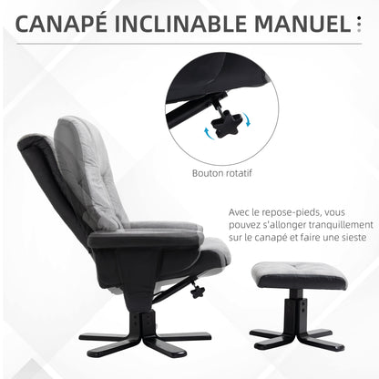 HOMCOM Reclining Lounge Chair with Footrest, 360° Swivel, Microfiber Upholstery, Solid Wood Legs, Thick Padded Seat, Gray, 135 cm