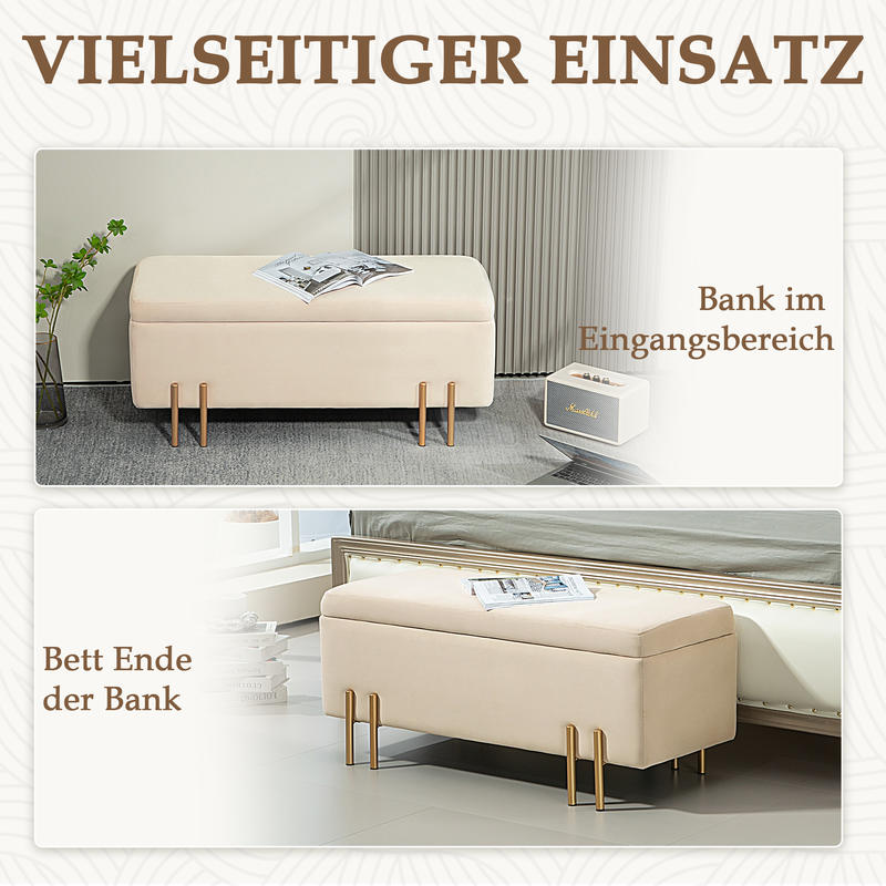 Opbergbank – Opbergbank – Zitbank – Opberghocker – Opbergmeubel – Beige Fluwelen Bekleding – Gouden Metalen Frame